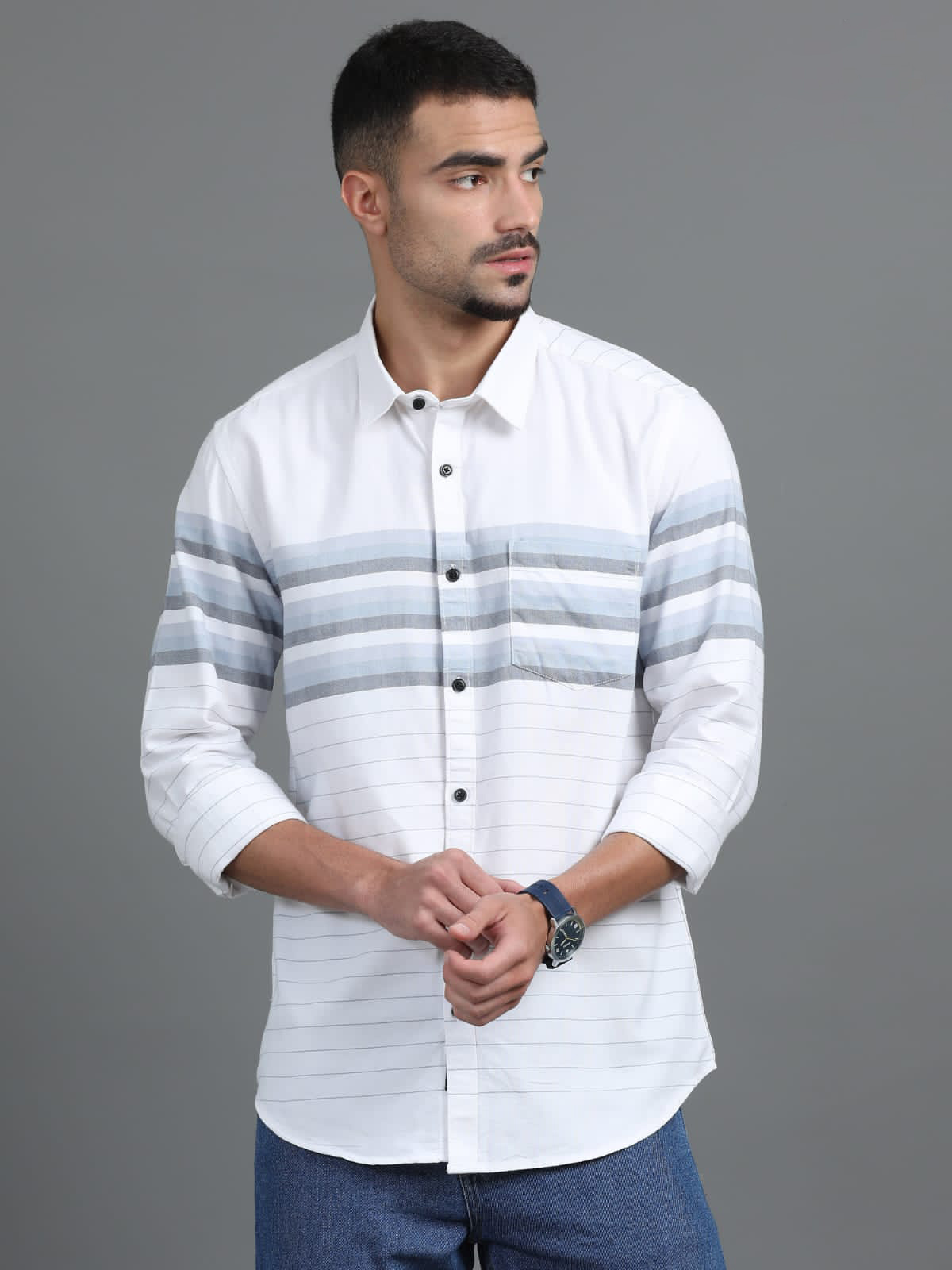 White And Blue 3 Line Striped Shirt