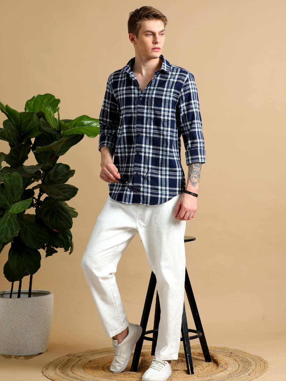 Navy Blue And White Check Shirt