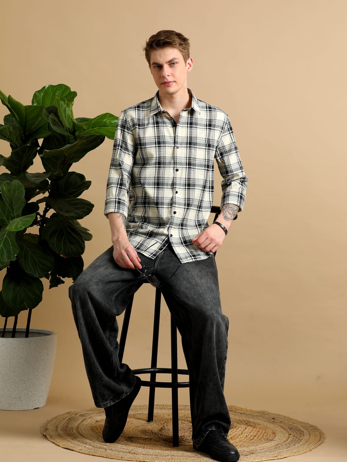 Half White And Black Checked Shirt