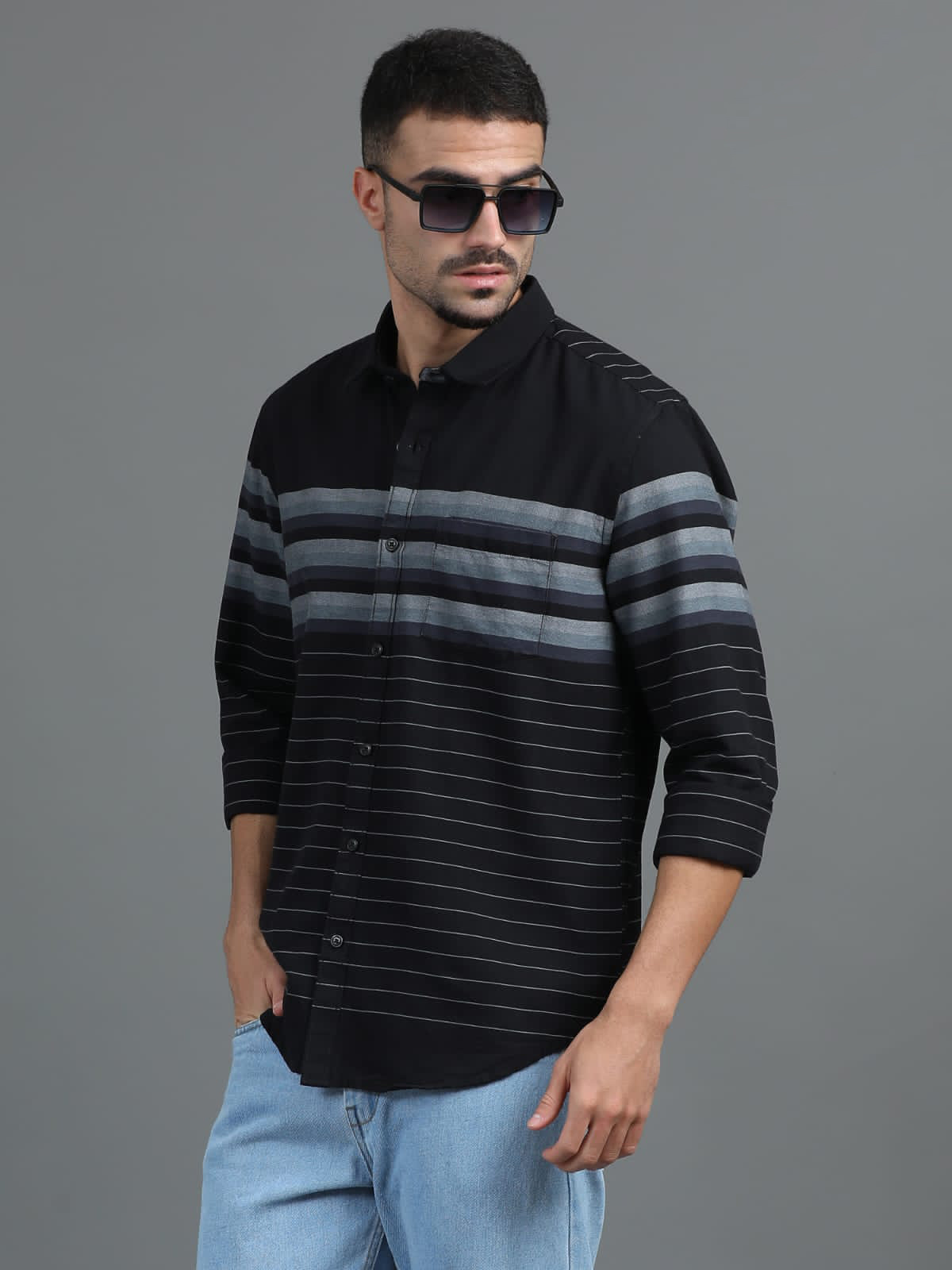 Black And Gray 3 Line Striped Shirt