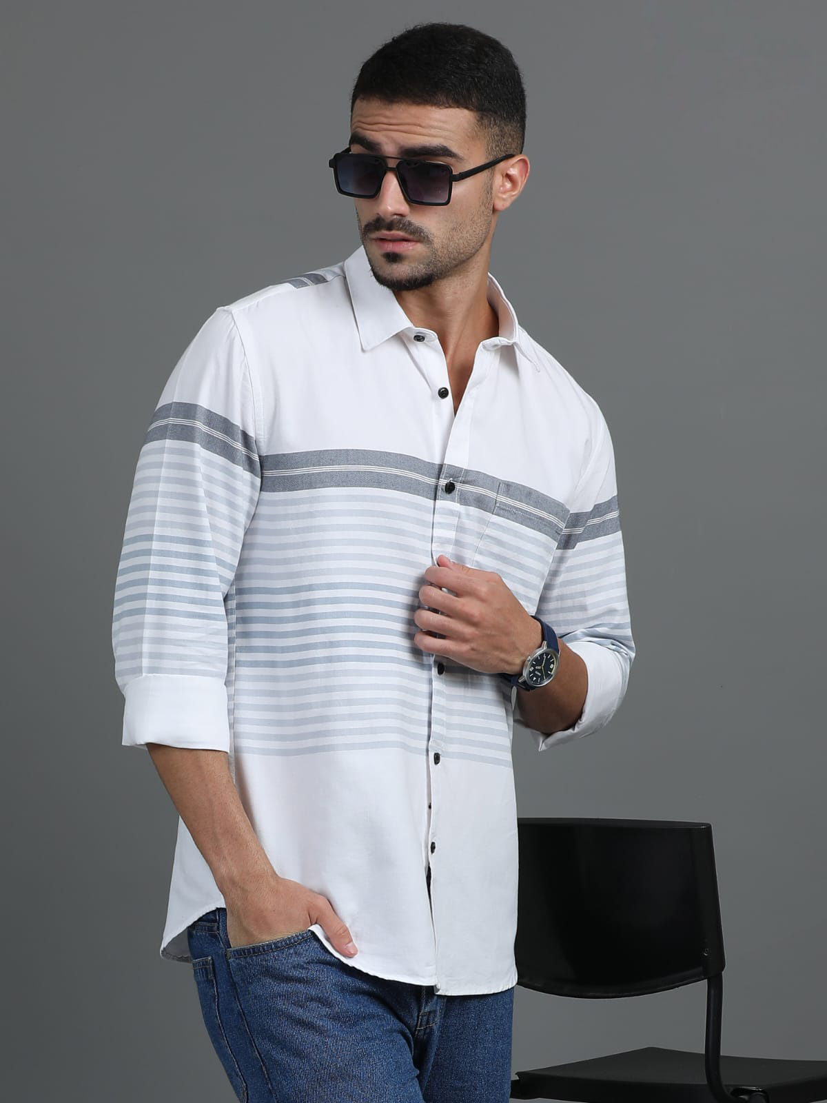 White And Blue 2 Line Striped Shirt